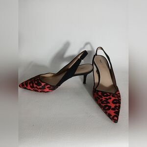 Ann Taylor Red and Black Leopard Print Slingback Kitten Heel Shoes Sz7M